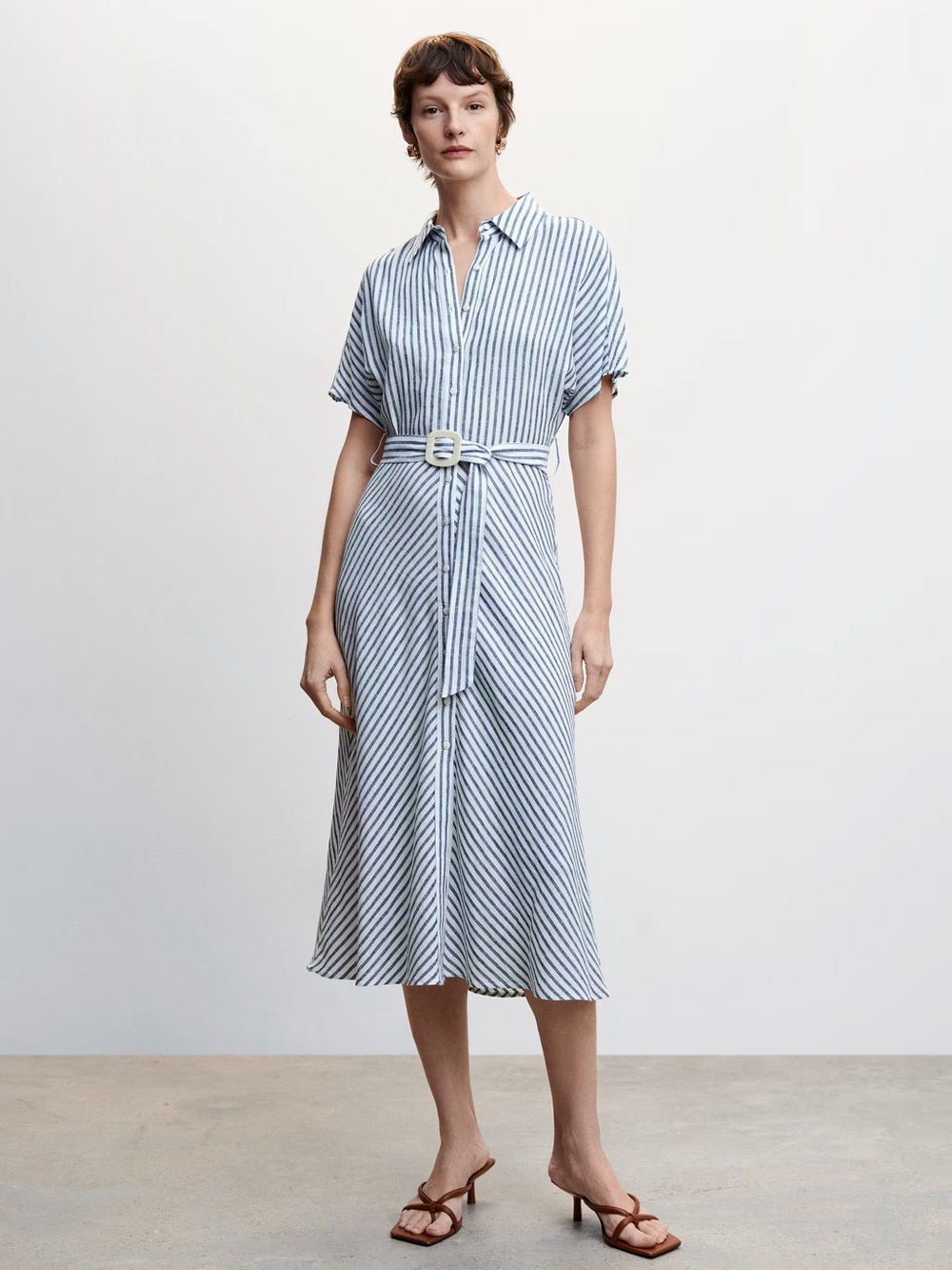 Mango Blue and White Vertical-Striped Midi Shirt Dress with Belt